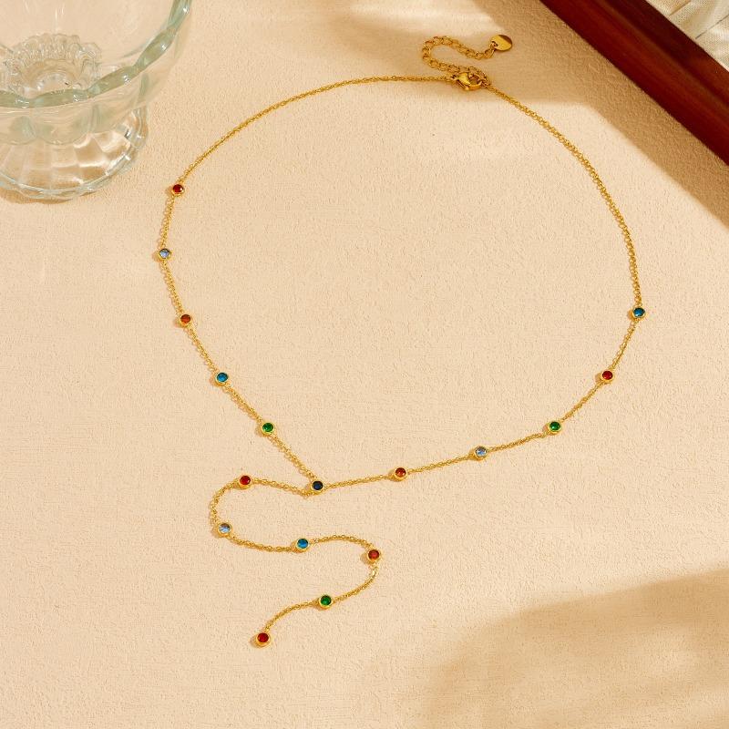 Gold Plated Multi Color Station Necklace Y Drop Lariat Fashion Jewelry for Women