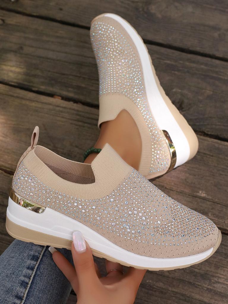 Fashion Rhinestone Women Shoe Casual Sneakers Wedge Flat Loafers Spring Summer New Knitted Single Shoes Adult Ladies Plus Size