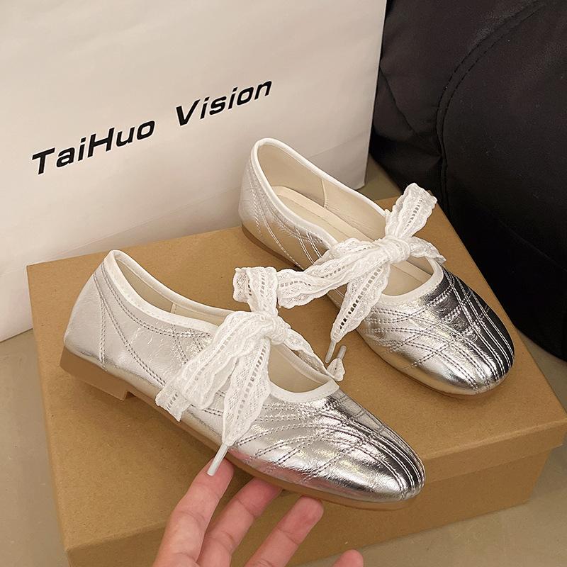 Silver Ballet Style Round Head Inner Height Increase Flat Bottom Shallow Mouth Single Shoes Women's Summer New Versatile Mary Jane Shoes