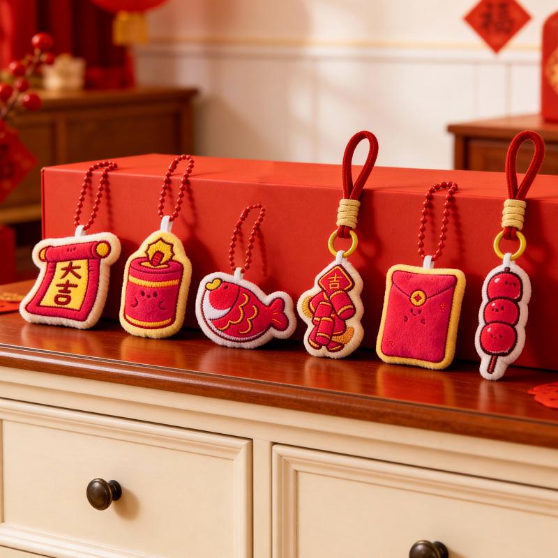 Cute Cartoon  Year Mascot Plush Pendant Keychain Festive Red Stuffed Doll Backpack Pendant Jewelry Accessories Toy Gift