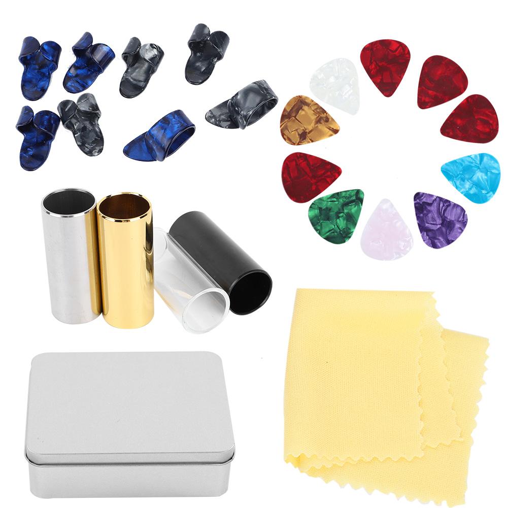 Guitar Accessories Kit 10 Celluloid Pick 4 Guitar Slider 8 Finger Cot with Iron Box