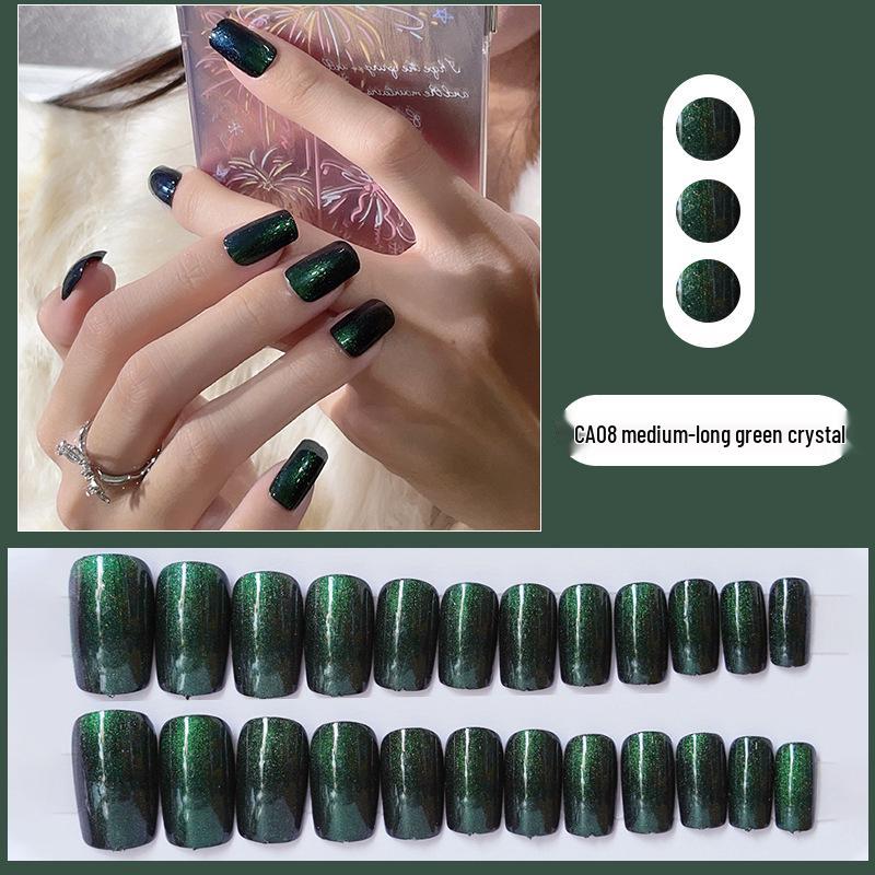 

Съемные зеленые хрустальные ногти «кошачий глаз» – типсы средней длины для полированного маникюра