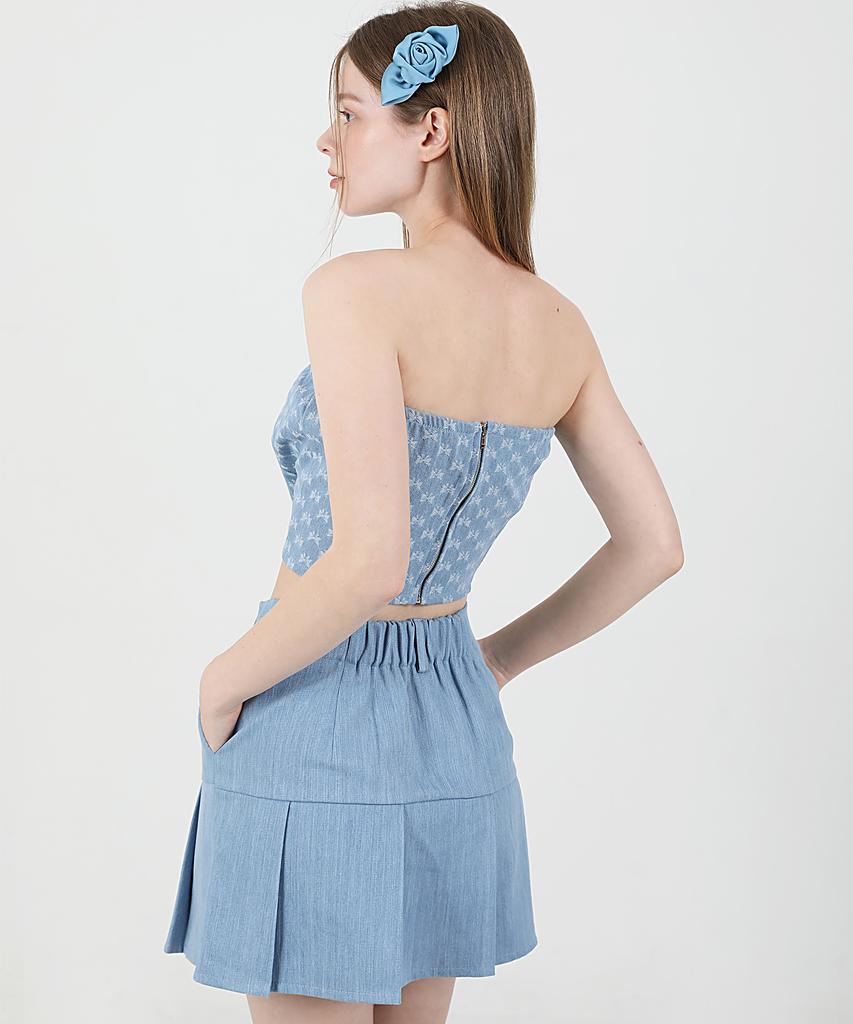 CATTLINE Denim Ribbon Crop Top (Light Blue)