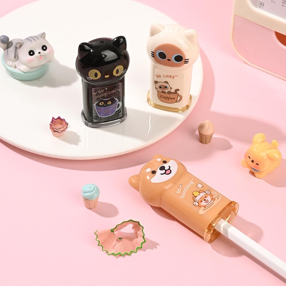 1/4pcs Cozy Cat Pencil Sharpener Mini Transparent Cartoon Kitties Manual Sharpeners Stationery School Kids Gift Reward