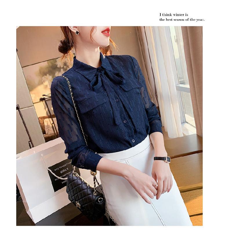 Bow-tie chiffon women's long-sleeve shirt, 2026 new model, spring and autumn blue blouse