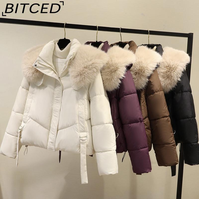 BITCED Winter Fashion Oversized Thick Cotton Coat with Stylish Large Fur Collar Down-Filled Cotton Jacket Slimming Women's Cotton Coat