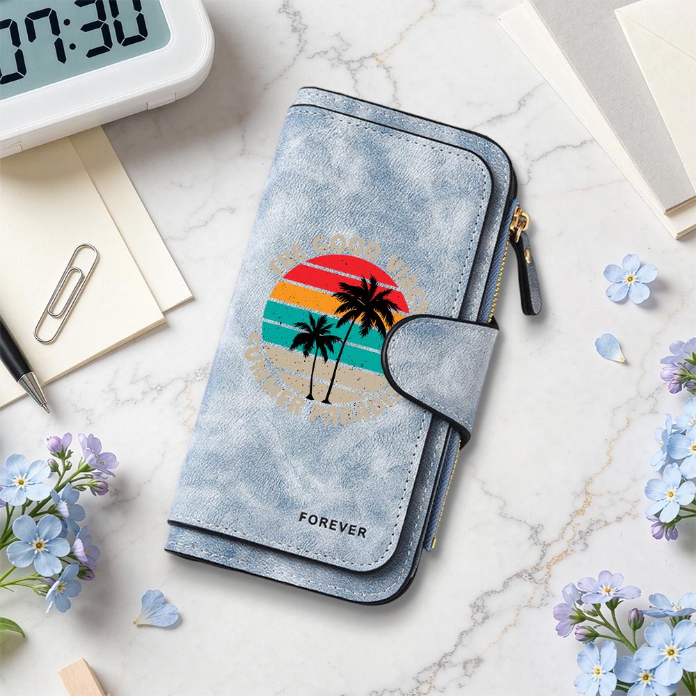 Vintage Palm Tree Purse Good Vibes Summer Paradise Wallet Fashion Casual Card Holder Forever Long Wallet