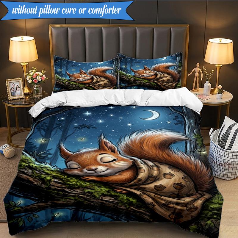 3-teiliges Bettwäsche-Set ' Eichhörnchenträume im Mondlicht', Enthält 1 Bettbezug und 2 Kissenbezüge, Perfekt für Schlafzimmer, Wohnheim, Weihnachtsgeschenk für Fans