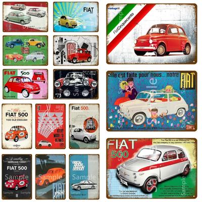 Klassisk Fiat 500 Vintage Metallplåtskyltar Väggkonst Dekor Affisch För Café Bar Pub Hemväggdekor Bil Metallkonst Affisch YK029