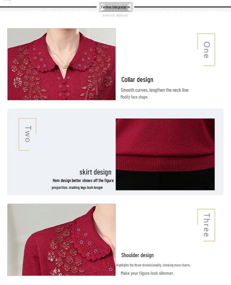 Mamin top s výšivkou z vlnenej zmesi: Jarný & Jesenný Ležérny Sveter Plus Size pre Ženy Stredného Veku & Staršie