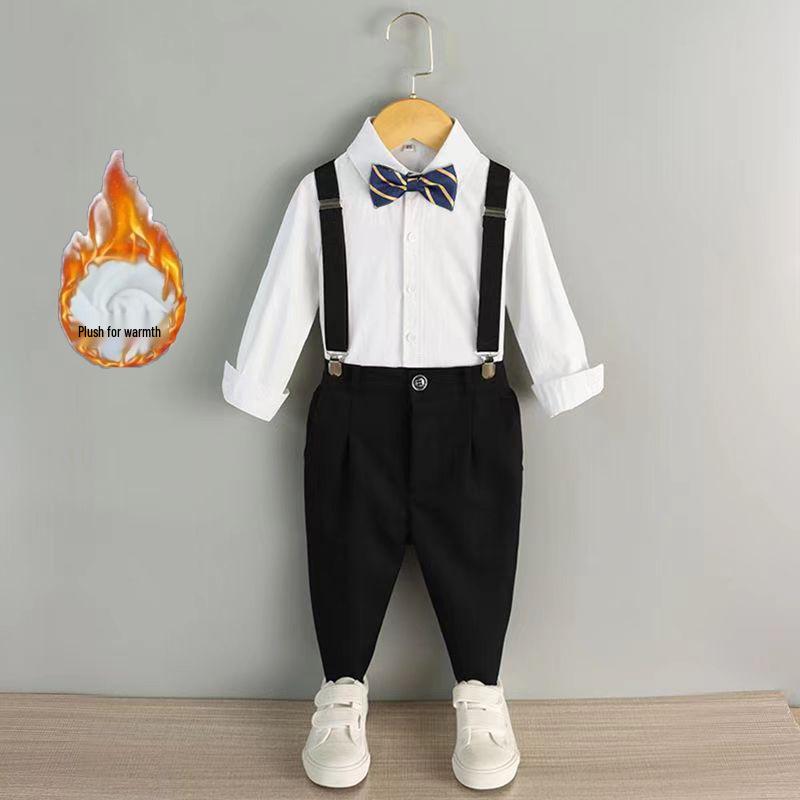Boy's Formal Ensemble: Fleece White Shirt, Black Suit Pants, Vest, Page Boy Overalls, Performance Costume