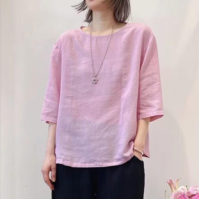 Johnature Women Casual T-Shirts O-Neck Seven Sleeve Solid Color Summer Loose Women Soft T-Shirts