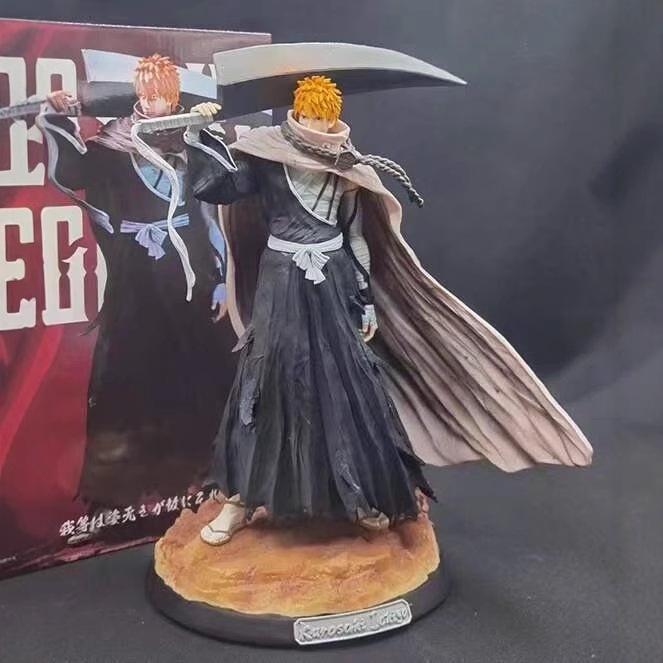 Bleach 33cm Kurosaki Ichigo Action Figures GK Kit Carrying Sword Model Wearing Cloak Sculpture Anime Toy Desktop Ornament Gift