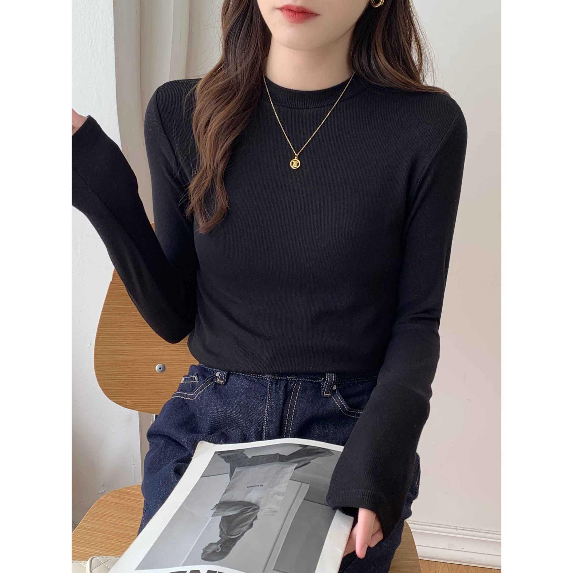 

Minimalist Solid Color Slim Fit Long Sleeve Women s T-shirt with Fleece - Spring/Winter 2026, Small Stand Collar Small