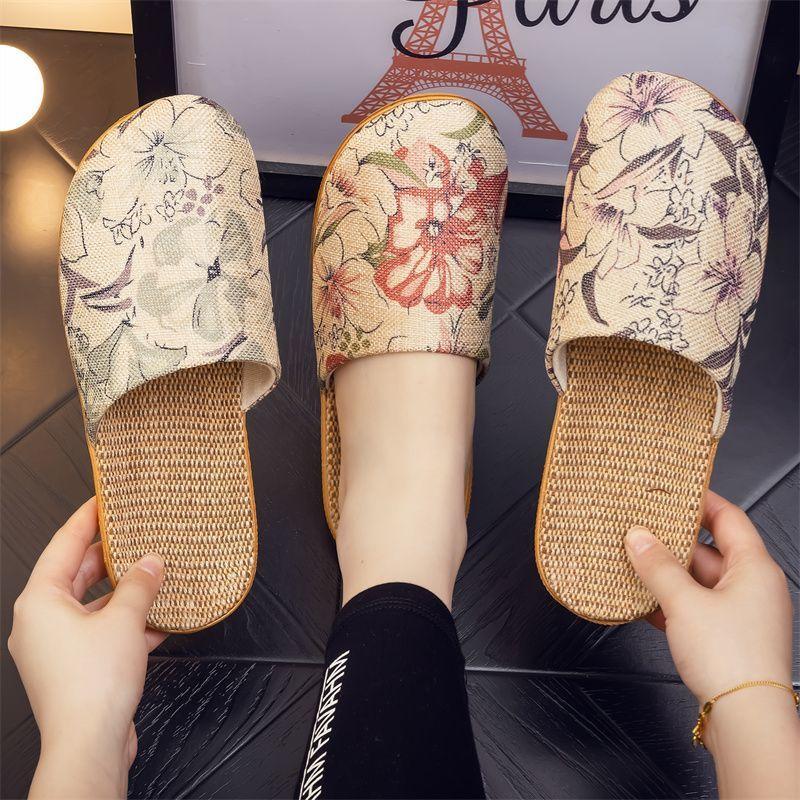 Four Seasons National Style Flax Cool Slippers Couples Breathable Home Use Flat Soft Sole Men's and Women's Confinement Baotou  Confinement Shoes