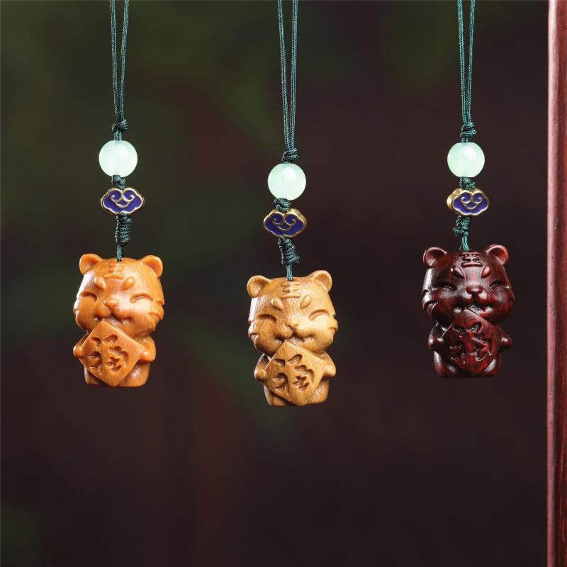 Tiger Blessings Zodiac Phone Charm: Creative Wood Carved Pendant & Keychain Gift