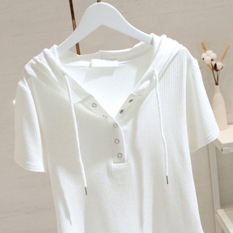 Drawstring Hooded T-shirt for Women for Short-sleeved Summer Fashionable Loose Slim Versatile T-shirt Base Shirt