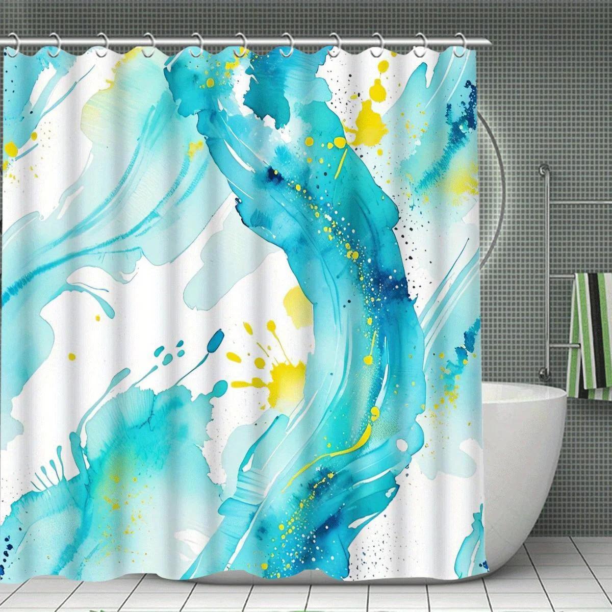 Blue Ocean Shower Curtain-Fashion Blue Green And Yellow Abstract Design Bathroom Decorative Curtain 180X200Cm W60H190(CM)-1 Pcs