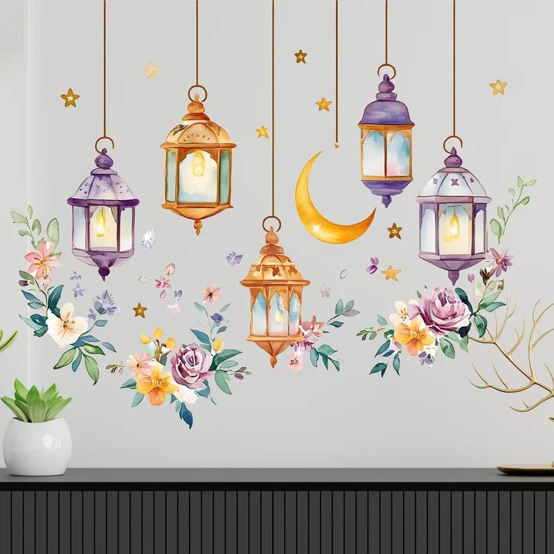 Watercolor Botanical Floral Moon Pendant Light Ornament Living Room Entryway Wall Decor Middle Eastern Wall Decals