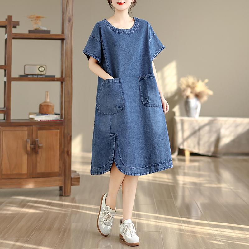 Short sleeve Plus size vintage new in dresses for women casual loose midi summer denim dress