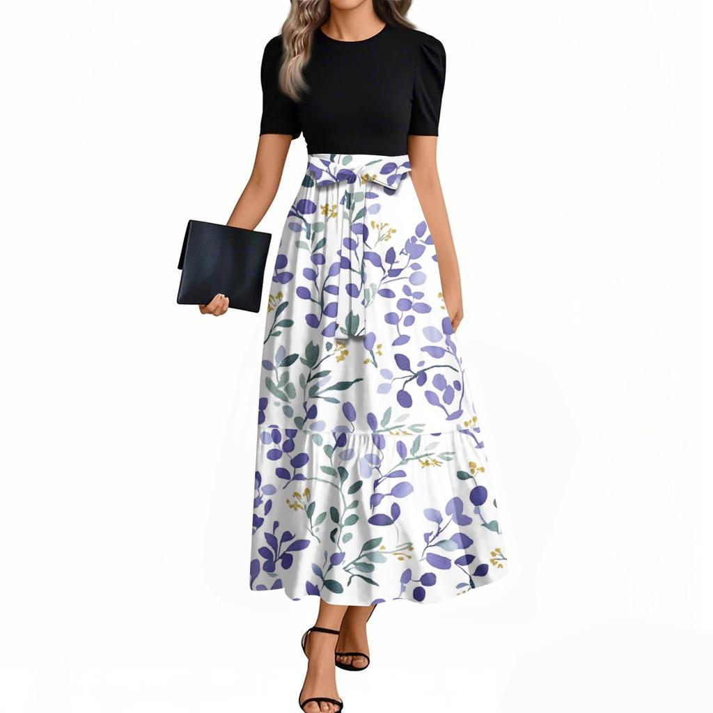 Women's Fashion Casual Belt Short Sleeve Round Neck Floral Stitching Elegant Temperament Dress