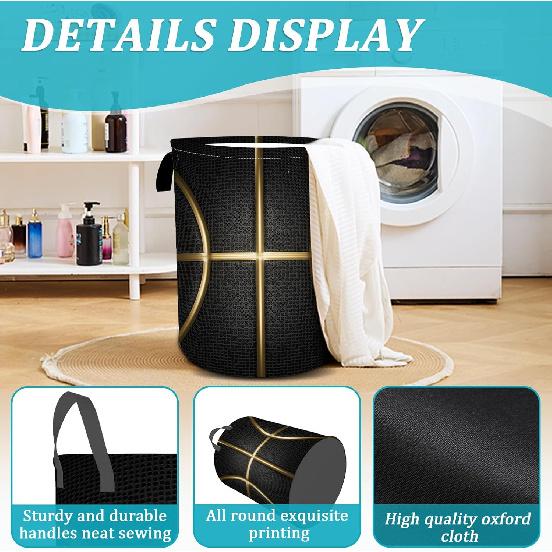 Black and Gold Basketball Laundry Basket, Foldable Waterproof Oxford Cloth Laundry Hamper Funny Tote Bag Dirty Clothes Storage Bucket Toy Organizer