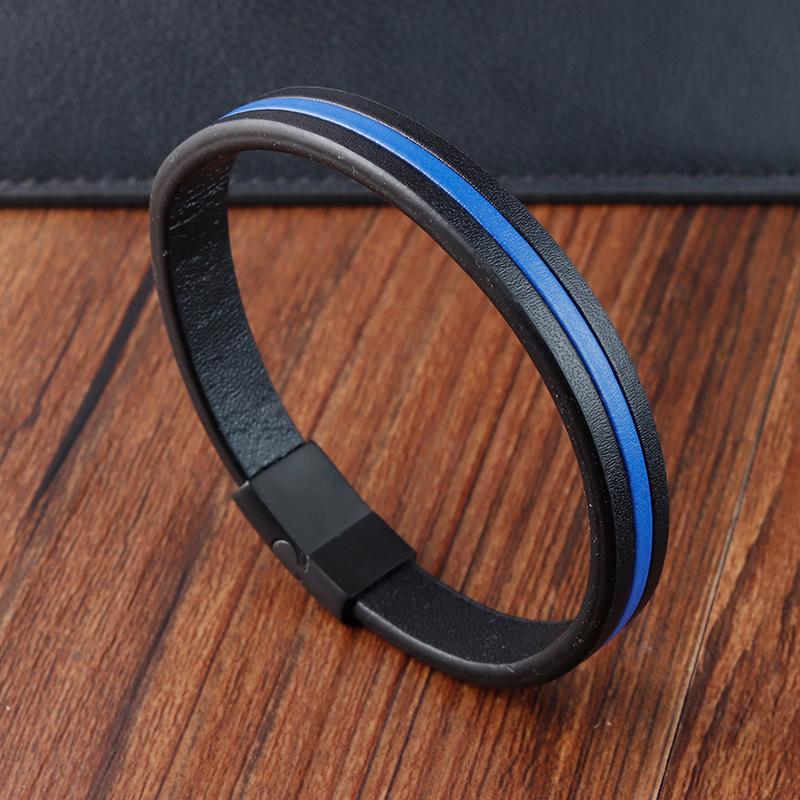 

Мужской кожаный браслет-шнур, модный многослойный мужской синий кожаный браслет из нержавеющей стали, хипстерская уличная одежда, ювелирные аксессуары 21cm синий