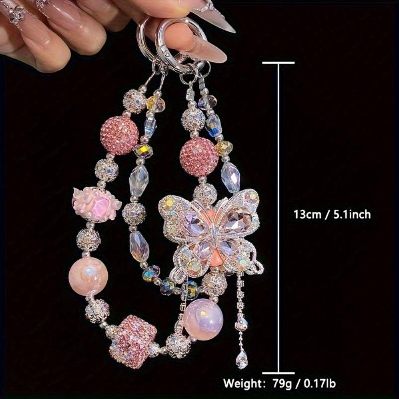 1PC Luxury Sparkling Acrylic Mobile Phone Chain with Cute Butterfly Charm, Colorful Beads and Crystals - Multifunctional Bag Hang or Keychain