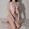 Backless Japanese Women Schoolgirl Uniform Lace Bow Perspective Sleeve Cosplay Costumes Sexy Tempatation Pleated Skirt New