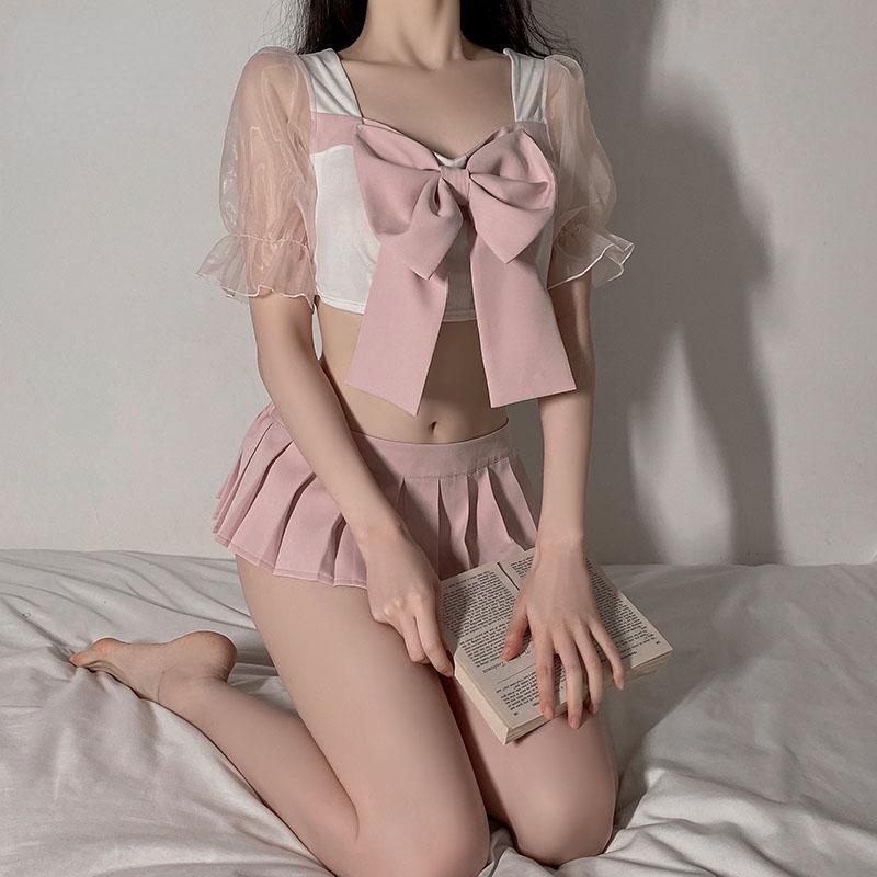 Backless Japanese Women Schoolgirl Uniform Lace Bow Perspective Sleeve Cosplay Costumes Sexy Tempatation Pleated Skirt New