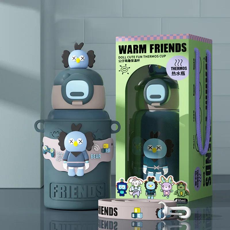 450ml Nerezová Izolovaná Láhev Kreslená Vakuová Termoska Hrnek pro Studenta Silikonový Obal Termoska Hrnek Láhev na Vodu Dětský dárek