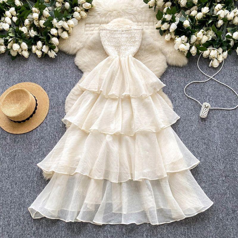 

Atmosphere Sense Sleeveless Dress Women 2025 Summer Pure Desire Style Waist Hugging Temperament Layer Cake Skirts Tube Top Long dress Apricot color One size