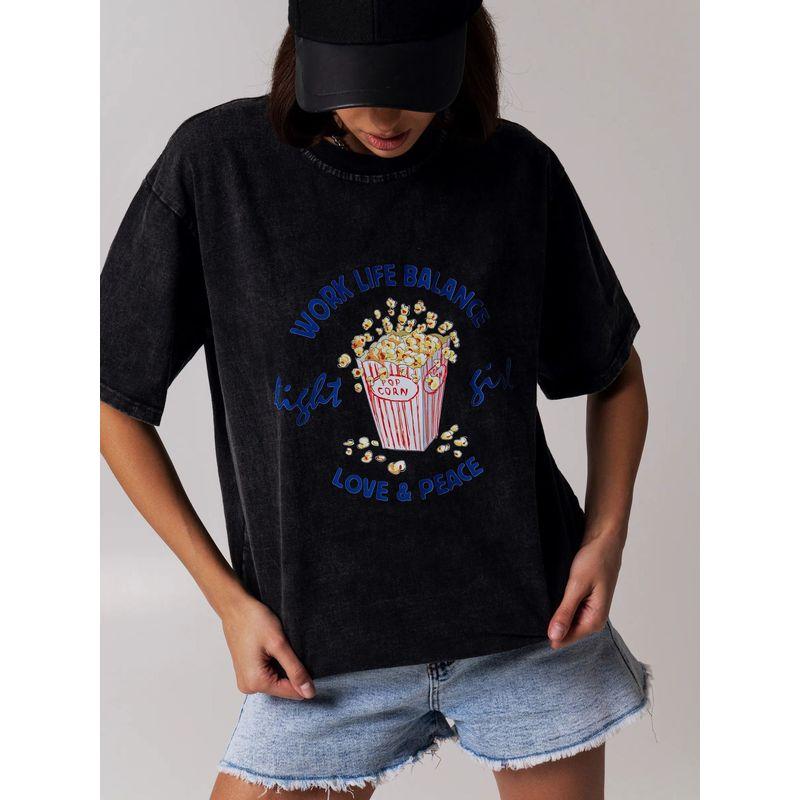 Western Style New Washed Distressed Loose Print Short sleeve T-shirt Top Printed Cotton T-shirt