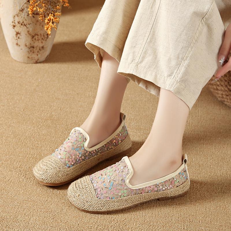 CRLAYDK Classic Women's Sequin Slip On Lace Loafers Casual Driving Moccasins Penny Flats Summer Soft Walking Ladies Boat Shoes