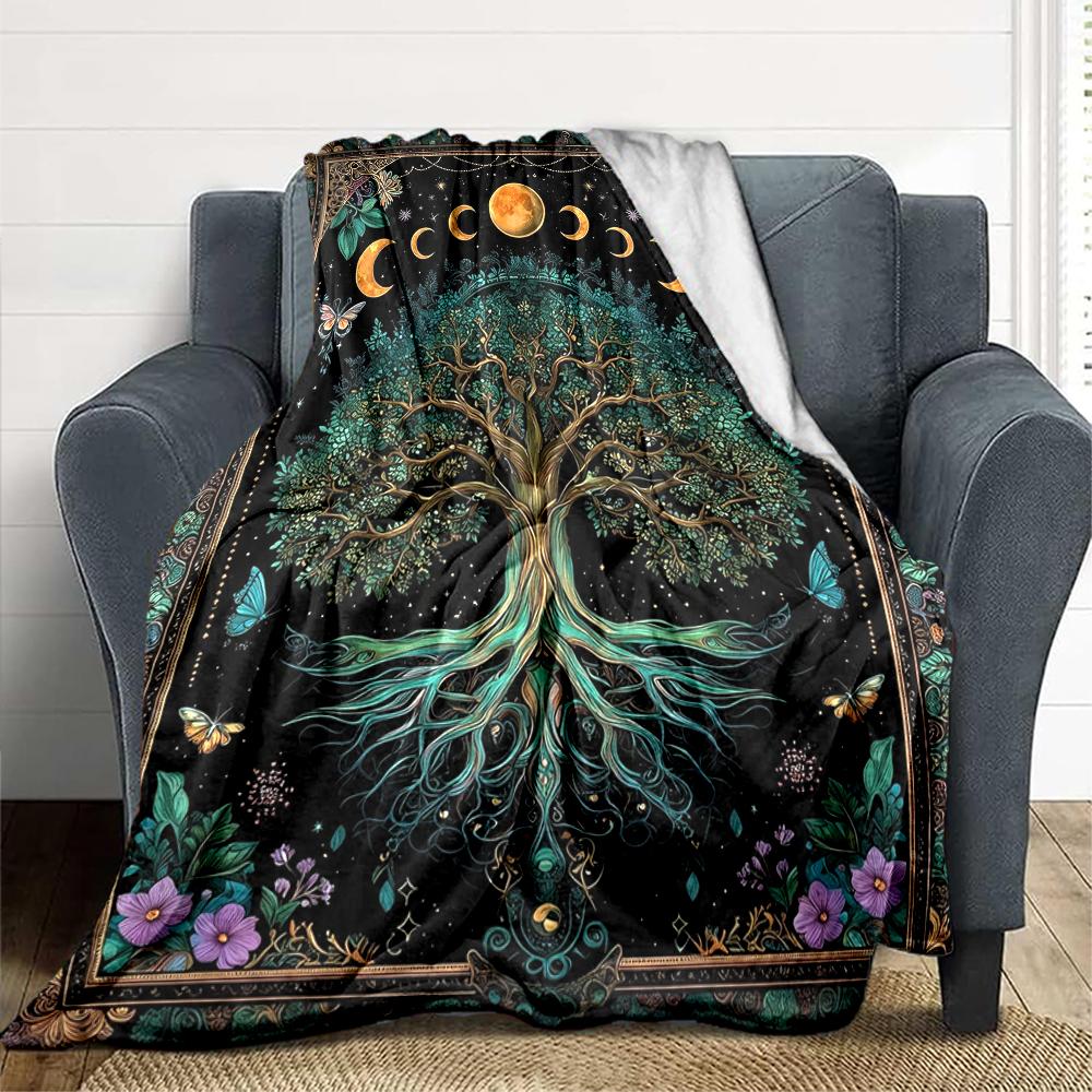 1Pc Tree Life Moon Phases Blanket Soft And Comfortable Casual Warm Camping Travel Christmas Halloween Xmas Gift M924455