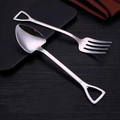 Large Size 18.5cm Creative Shovel Shape Spoon Fork Stainless Steel Shovel Spoon Fork Set Meal Dessert Specialty Forks Tableware