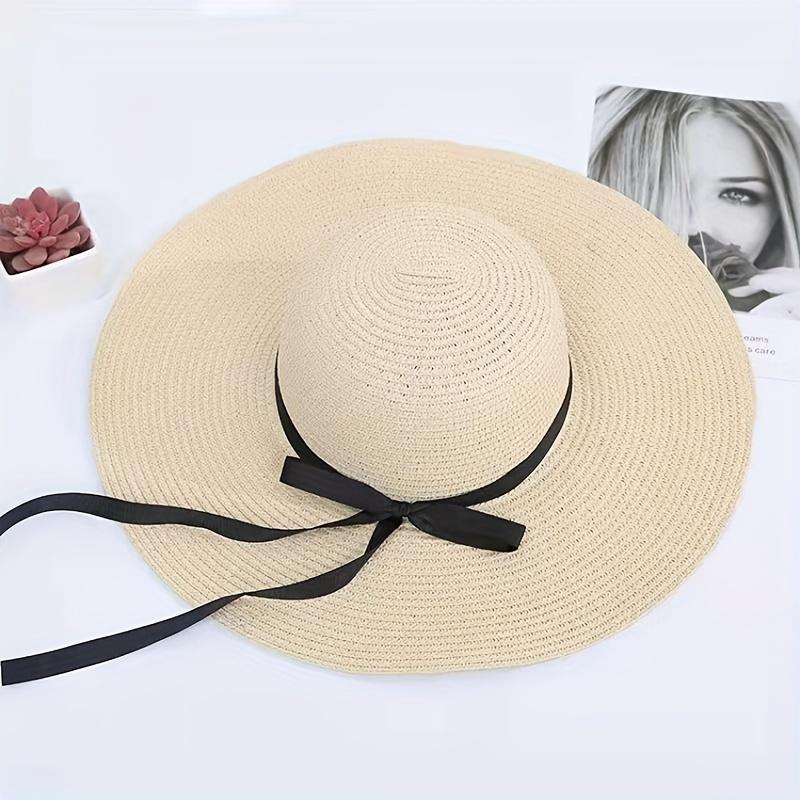 Large Eave Straw Hat for Woman Black Bow Tie Edge Sunscreen Foldable Beach Hat Outdoor Seaside Vacation Fashionable and Elegent