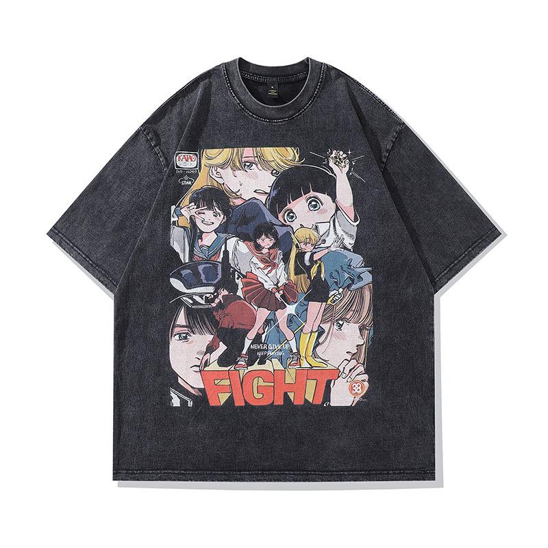 High Street Vintage Old Washed Cartoon Printed Short Sleeve T-Shirt Men'S And Women'S Bf Style Hip Hop Loose Half Sleeve Top
