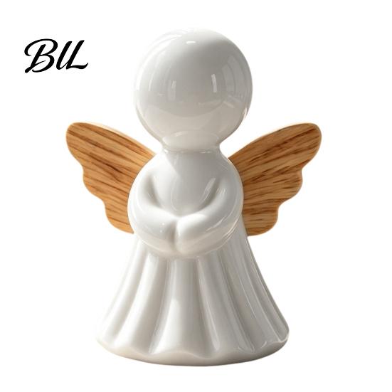 Small Statue Gifts for Her Minimalist Angel Figurine with Wood Texture Wings, Compact Statue, Figurines Home Decor Decorative White Sculpture