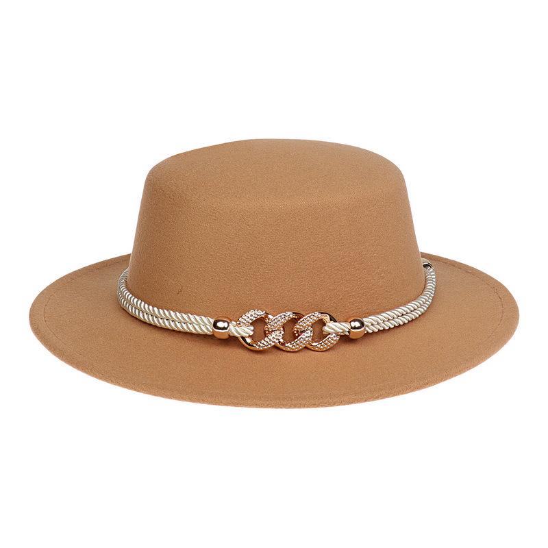 Women's Wool Felt Flat Top Fedora Hat - French Autumn/Winter Retro Style with Chain