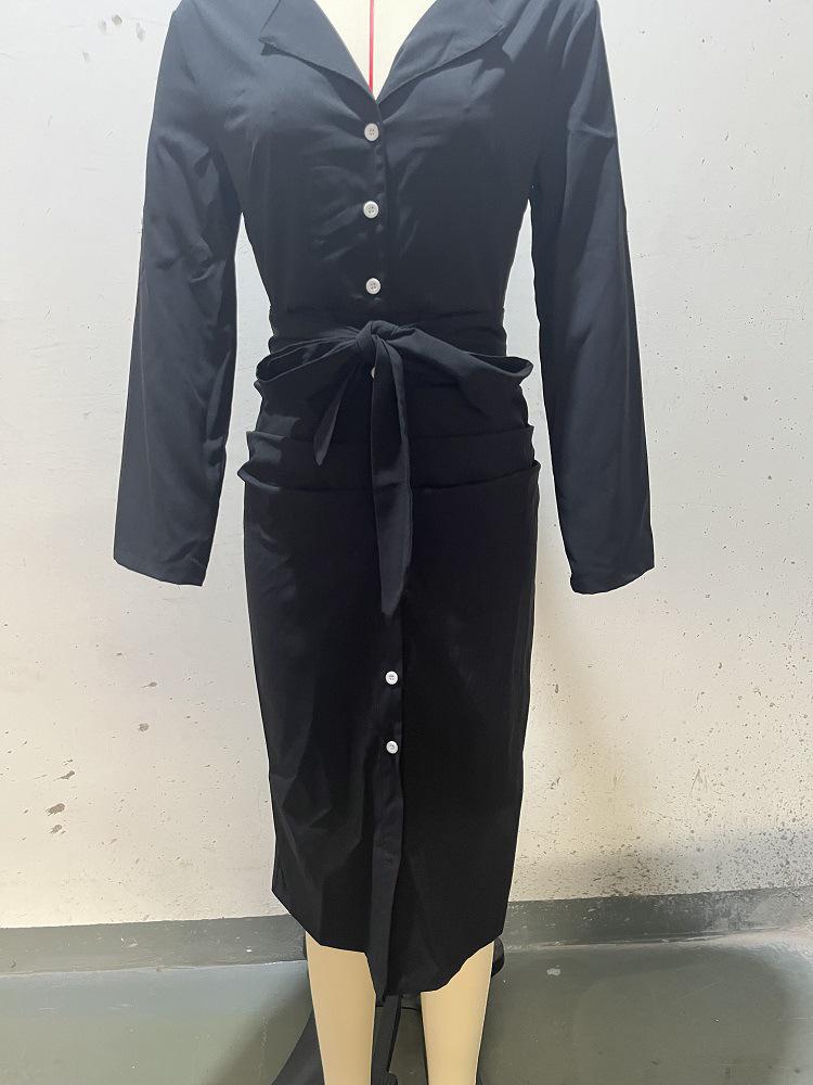 2024 Autumn Solid Color Lapel Waist Tie Slit Dress for Women