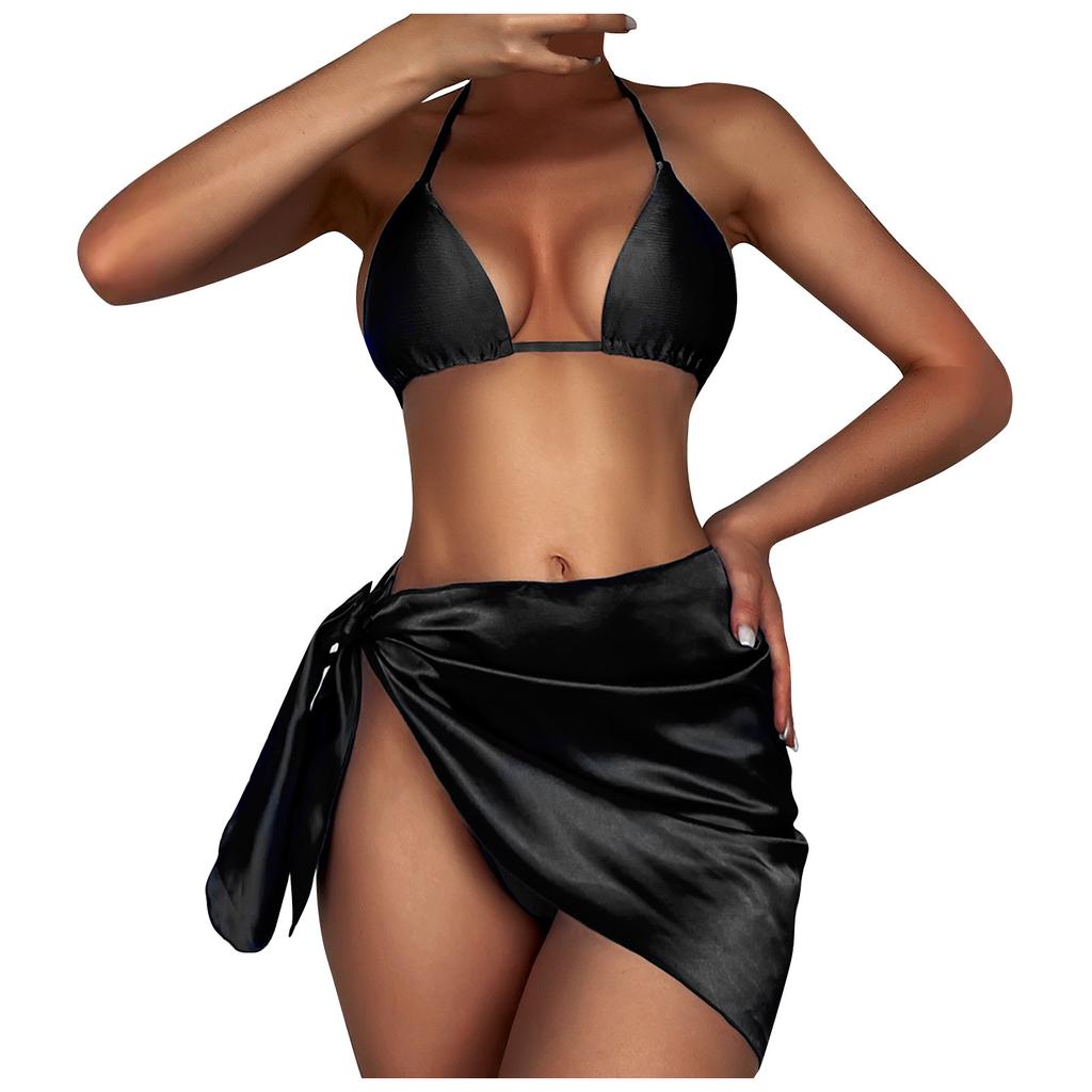 Women Two Piece Bikini Set with Adjustable Tie Straps Triangle Top and High Cut Bottom with Wrap Sarong Beachwear Swimwear Three Piece Set