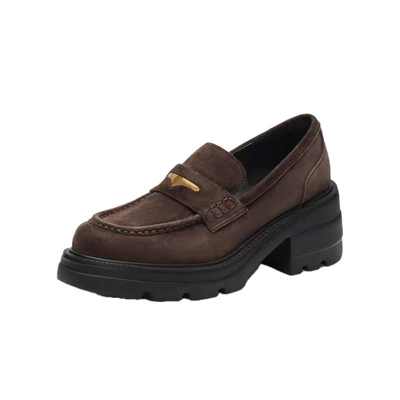 Rindslederversion~ Britischer Stil runde Spitze Einzelne Schuhe dicker Absatz dicke Sohle Loafer kleine Lederschuhe Damen faul ein Pedal Doudou Schuhe Damen