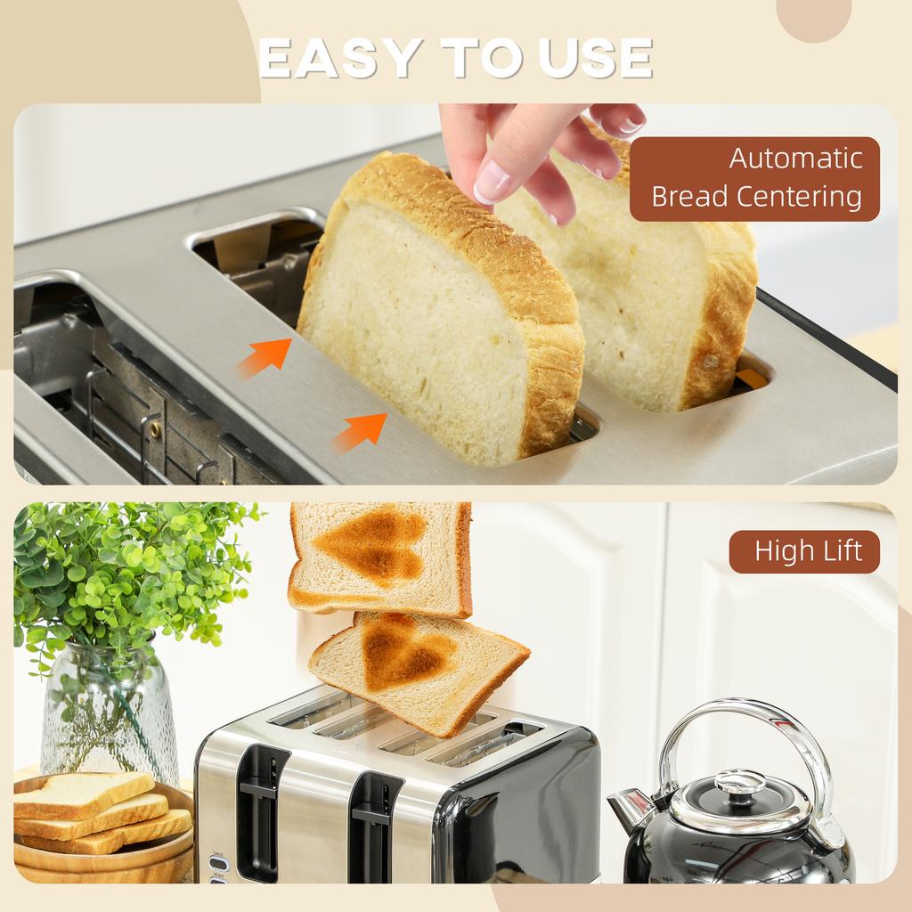 Polished Stainless Steel Kettle and Toaster Set - Black