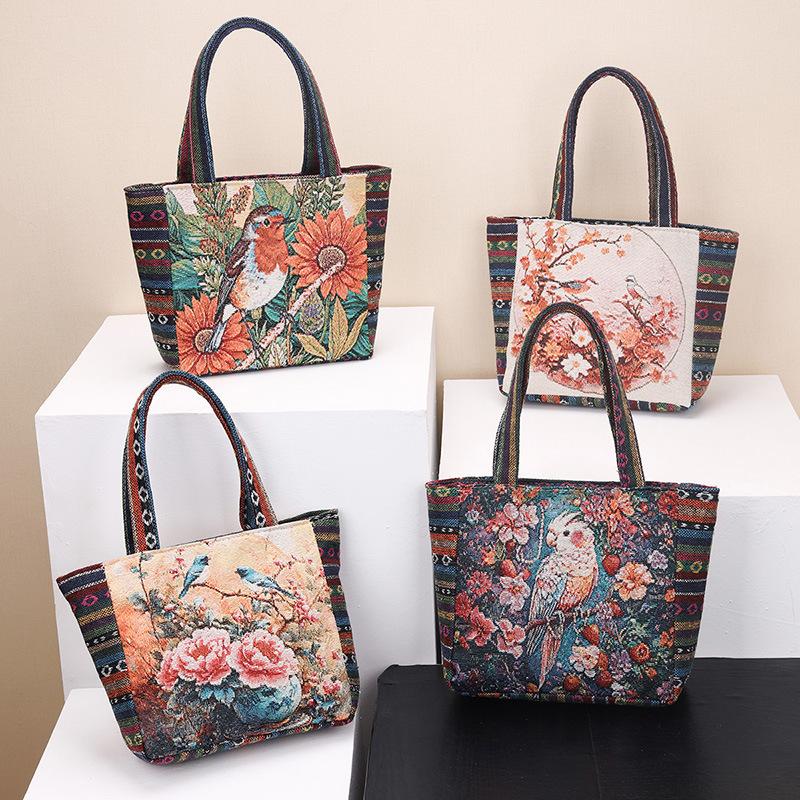 Handbag bag women go out canvas bag large capacity flower bird pattern handbag women's ethnic style handbag