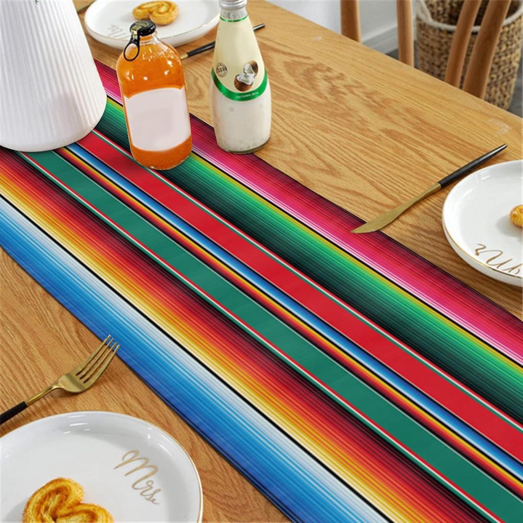 Strisce Colorate Messicane Runner da Tavola in Lino Runner per Comodino Decorazione Cucina Rustica Runner per Tavolo da Pranzo Decorazione Festa Messicana