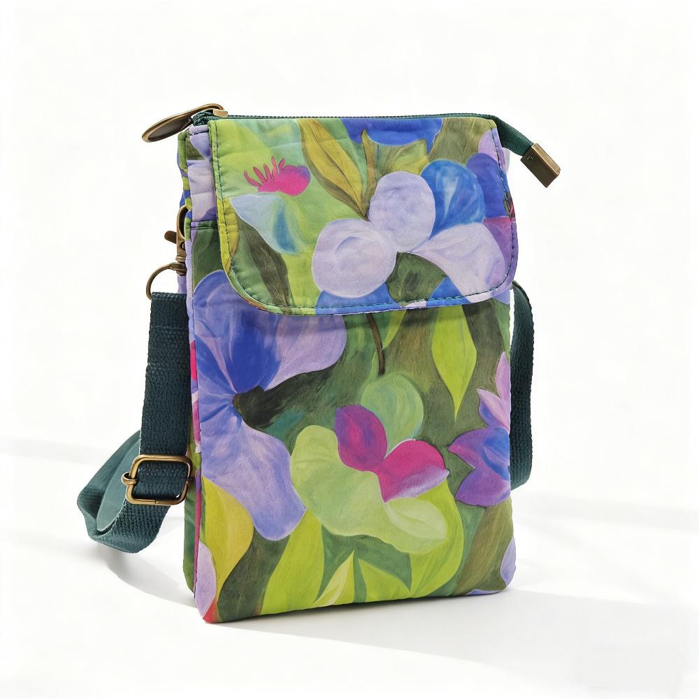 Japanese Floral Canvas Phone Crossbody Bag Women Multi Pocket Shoulder Bag Travel Passport Wallet Cell Phone Purse with Adjustable Strap