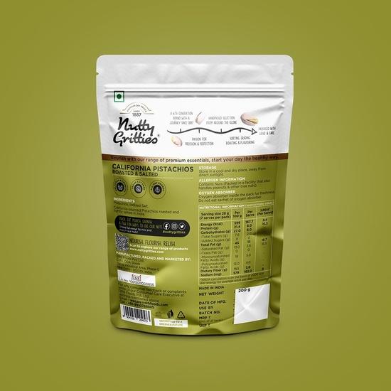 Nutty Gritties California Roasted Pistachios|Pista Lightly Salted, Dry Roasted, Non Fried, Zero Oil, Crunchy Healthy Snack -200g (Pack of 5)