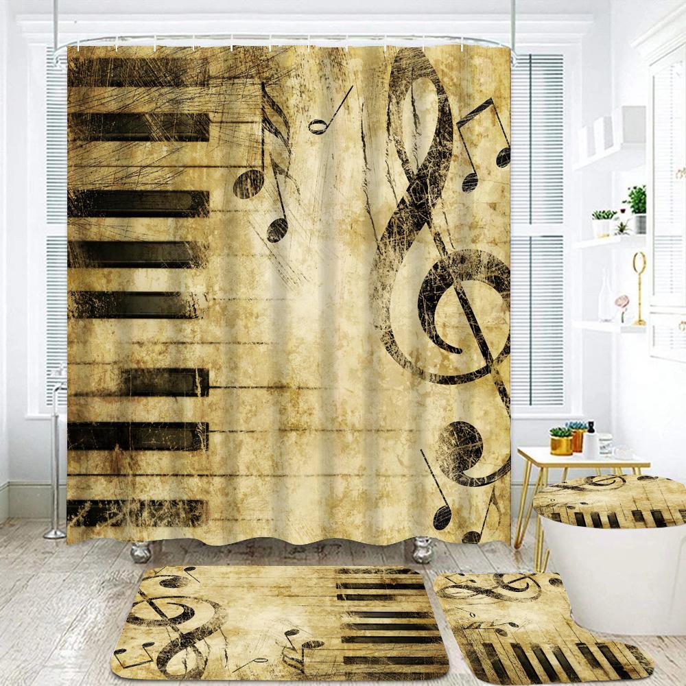 

Music Style Shower Curtain Set With Non-Slip Rugs Toilet Lid Cover And Bath Mat Musical Note Fabric Bath Curtains Bathroom Decor W60H190(CM)-1 Pcs