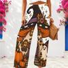 Women Plus Size Halloween Cartoon Printed Loose Wide Leg Full Length Pants